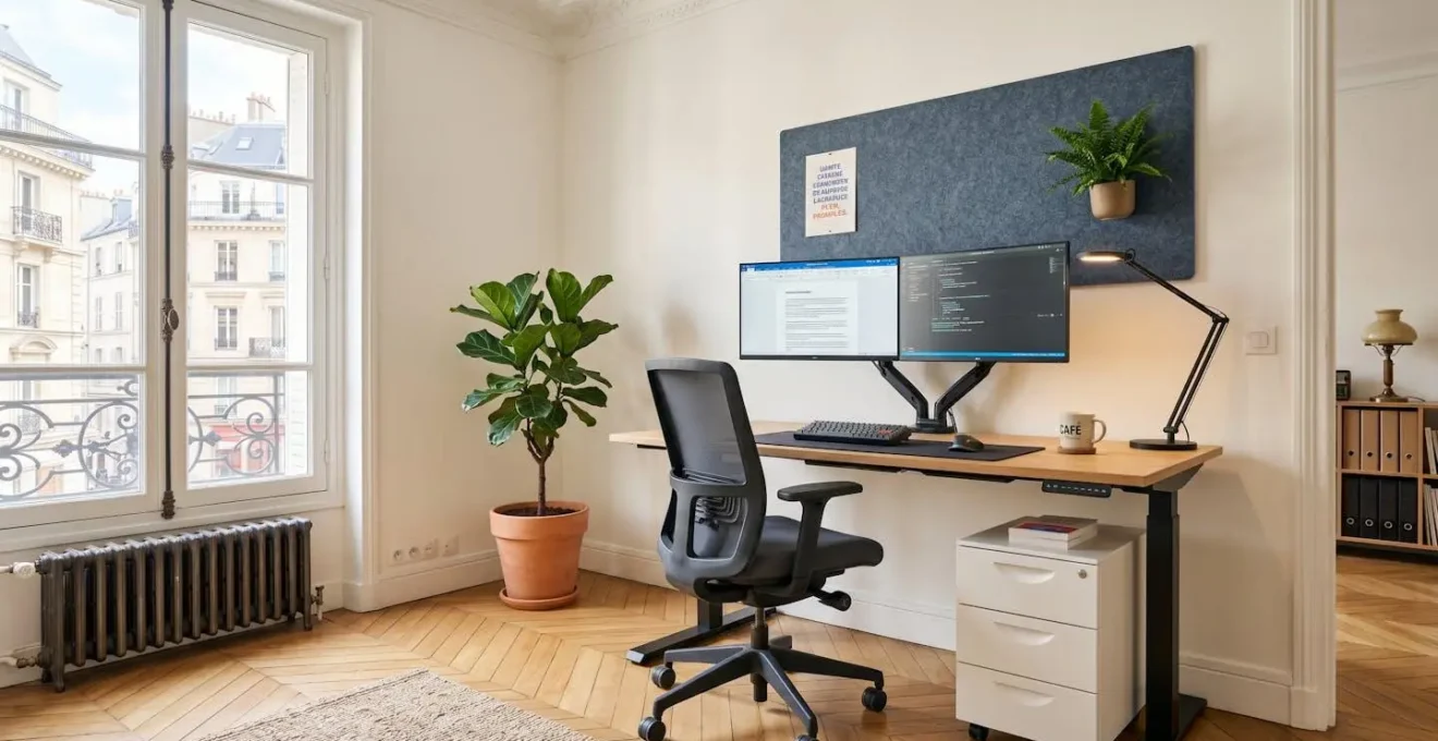 Bureau professionnel contemporain français avec poste de travail ergonomique complet incluant bureau réglable, fauteuil à dossier résille, double écran sur support articulé, lampe LED, caisson mobile et panneau acoustique mural, dans espace lumineux avec fenêtres à la française
