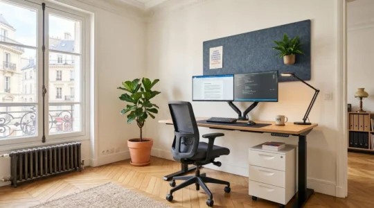 Bureau professionnel contemporain français avec poste de travail ergonomique complet incluant bureau réglable, fauteuil à dossier résille, double écran sur support articulé, lampe LED, caisson mobile et panneau acoustique mural, dans espace lumineux avec fenêtres à la française