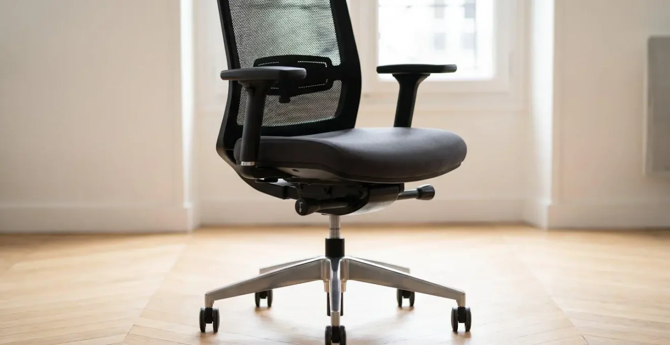 Fauteuil ergonomique professionnel avec dossier résille noire, mécanismes de réglage hauteur visibles, accoudoirs 3D ajustables et support lombaire intégré, photographié dans environnement bureau français contemporain