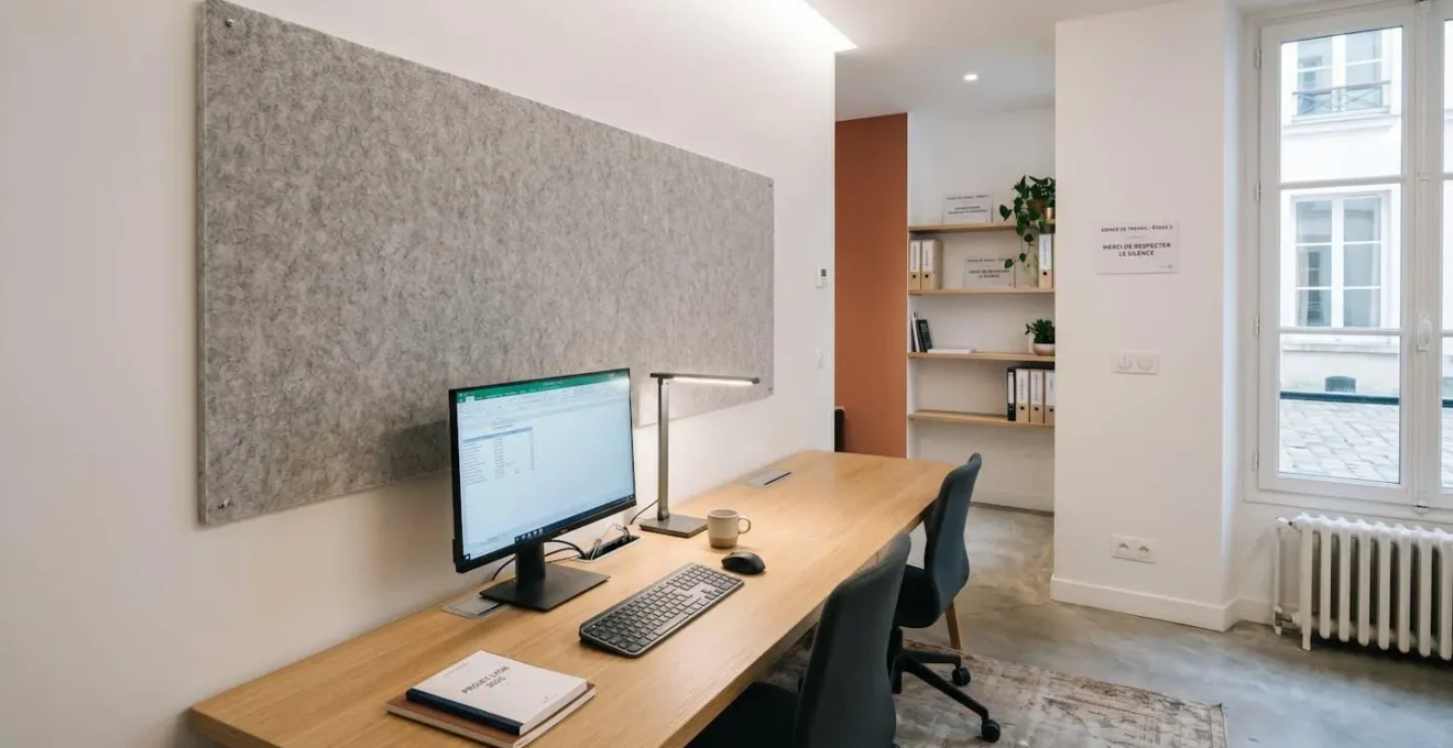 Panneau acoustique rectangulaire en feutre gris installé sur mur blanc d'un espace de travail partagé français contemporain, visible près d'un poste de bureau avec écran et lampe LED