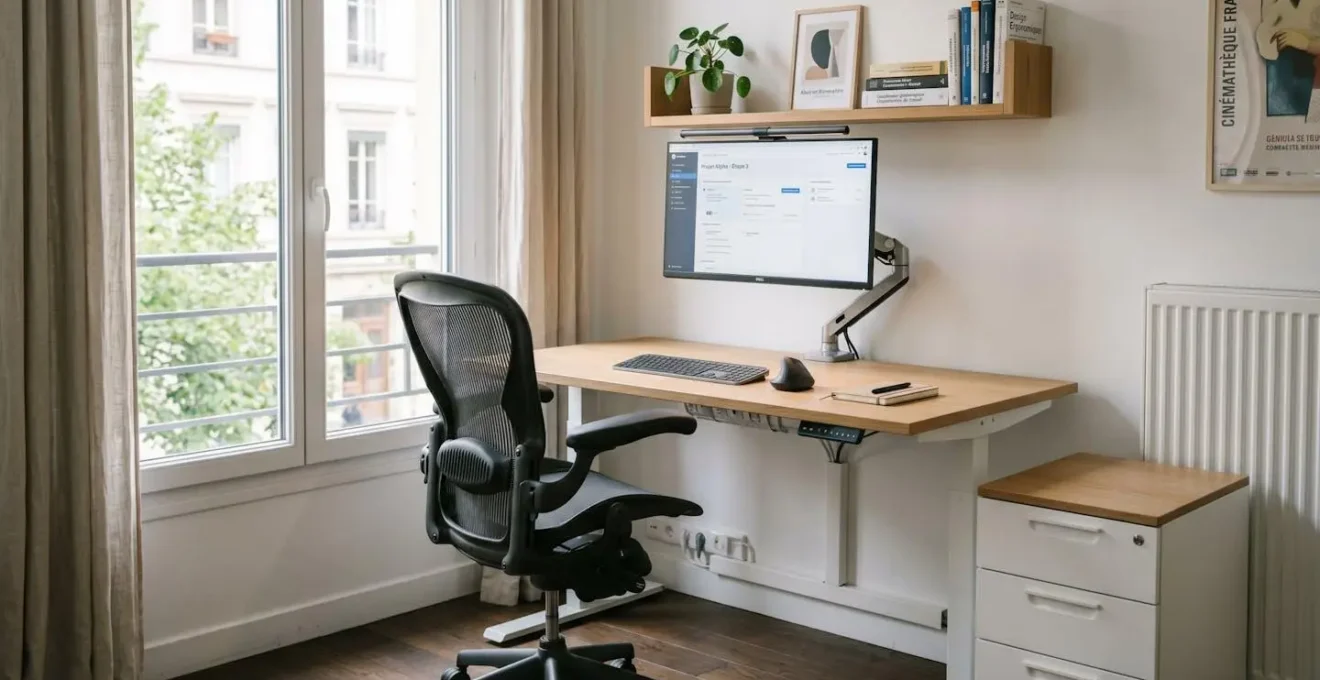 Poste de travail professionnel français correctement aménagé avec écran à hauteur des yeux sur support articulé, fauteuil ergonomique bien ajusté, câbles organisés, éclairage LED adapté et rangements accessibles, dans espace lumineux et dégagé